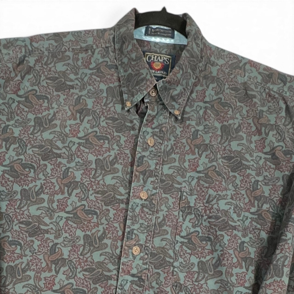 Vintage Chaps Ralph Lauren Shirt Mens XL Green Paisley Long Sleeve Button Down